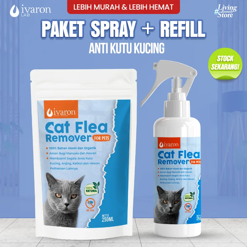 IVARON Paket Obat Kutu Kucing dan Anjing Spray 250ml + Refill 250ml Cat Flea Ampuh Aman Jika Terjilat
