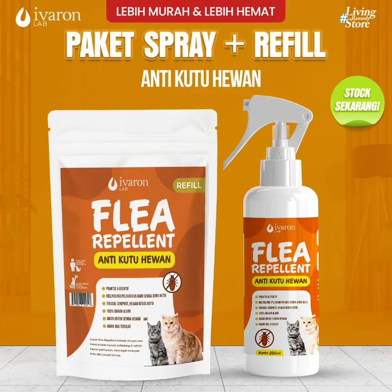 IVARON Paket Obat Kutu Kucing Spray 250ml + Refill 250ml Obat Kutu Hewan Ampuh Aman Jika Terjilat