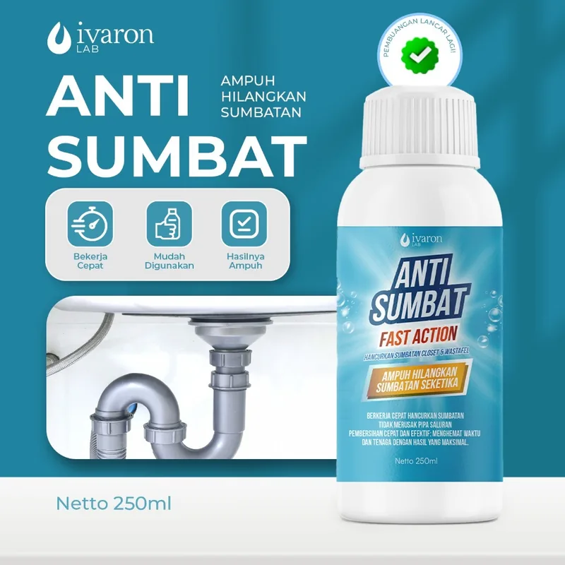 IVARON Anti Sumbat Fast Action Pembersih Saluran Wastafel Closet Ampuh Hancurkan Sumbatan 250ml