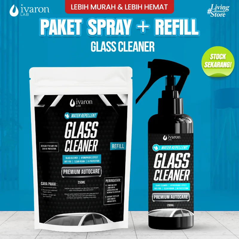 IVARON Paket Pembersih Jamur Kaca Mobil dan Jendela Spray 250ml + Refill 250ml Glass Cleaner